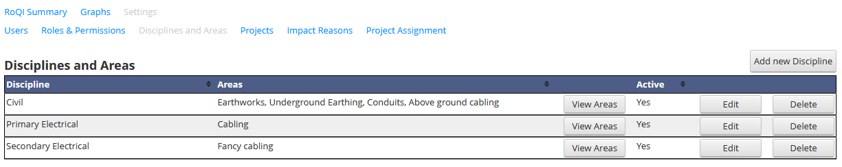 Settings - Disciplines List